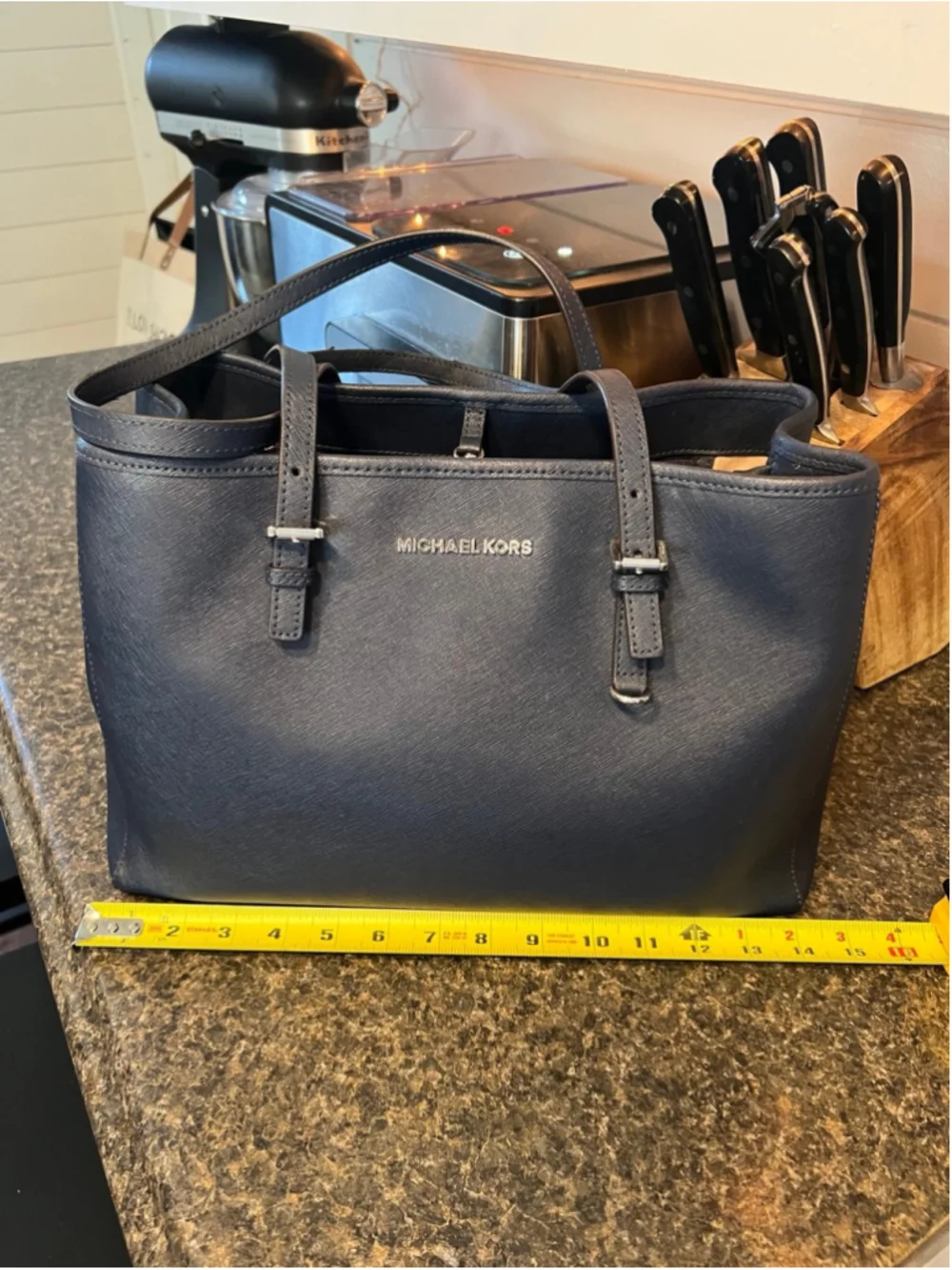 Michael Kors Jet Set Travel Medium Saffiano Leather Tote Bag Navy Blue - Picture 8 of 12